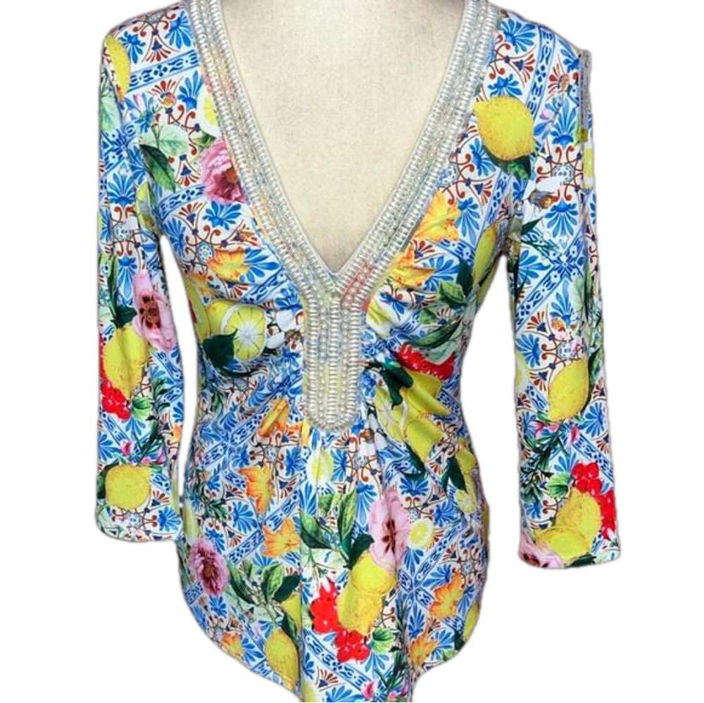 Boston Proper Pearl Beaded V- Neck Lemon Floral Print Blouse XS